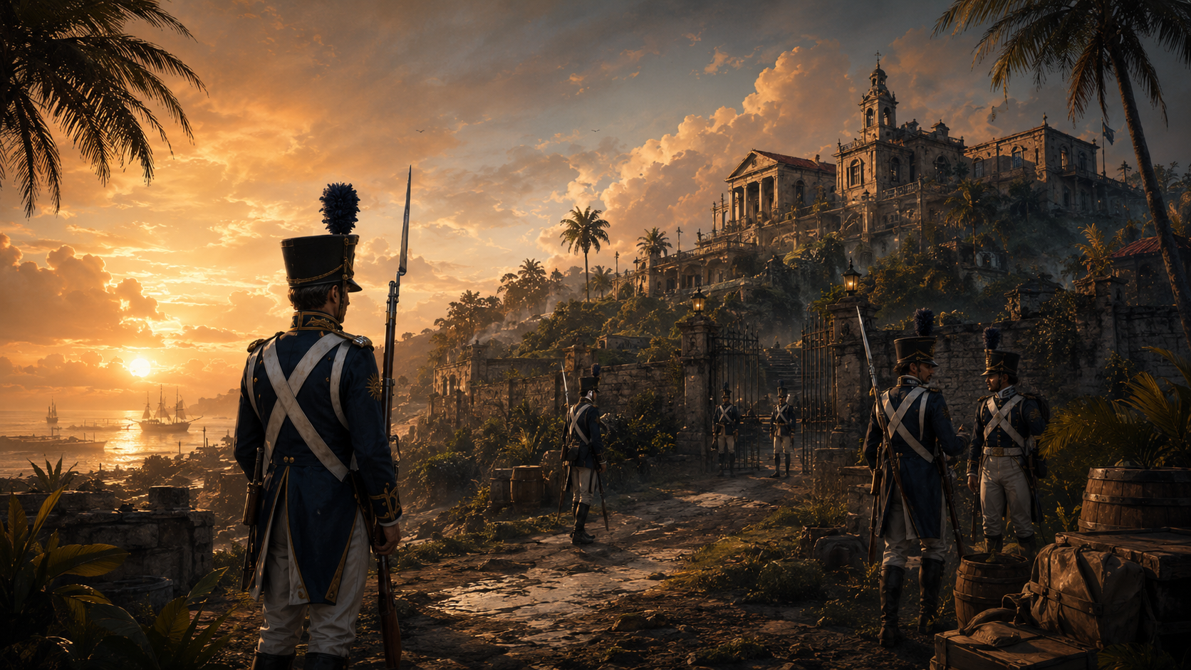 Line infantry on the coastal road below the San Telmo estate at dusk