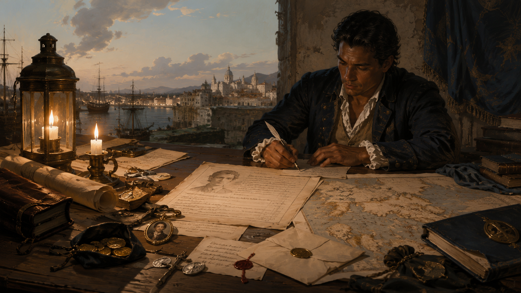 A writer at his desk drafting a portrait and letters, harbor beyond the window at dusk.
