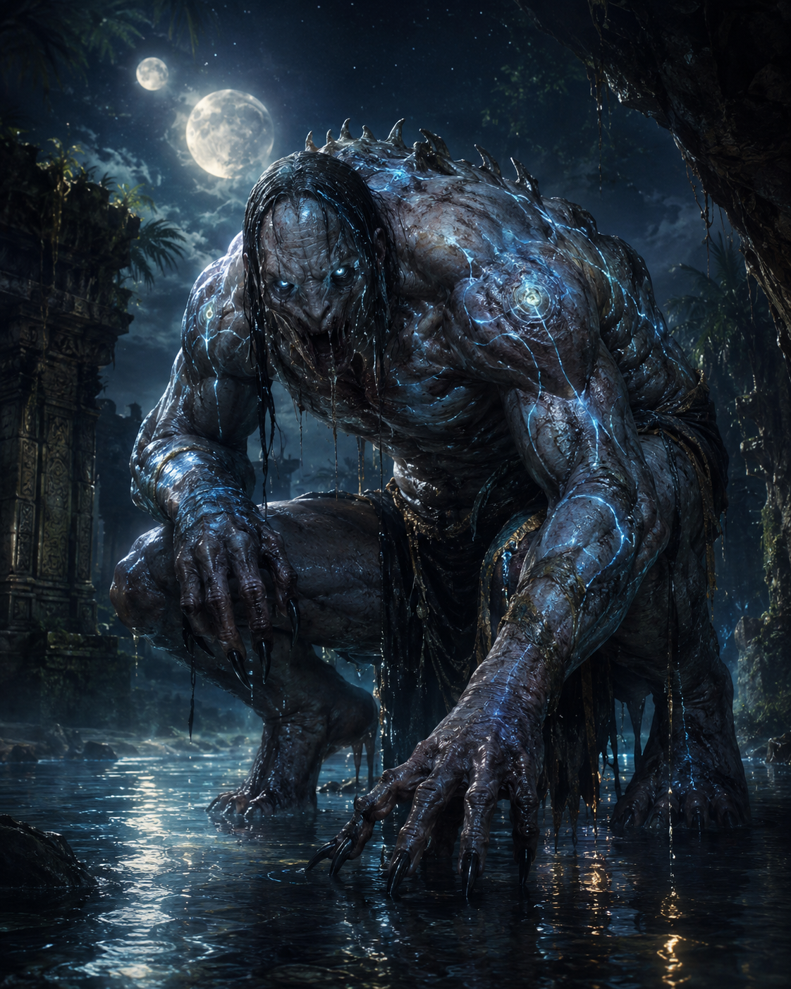 A Moon-Affected crouched at a moonlit pool amid ruined pillars, muscled and low-slung, its skin traced with blue-white correction lines beneath two overlapping moons.