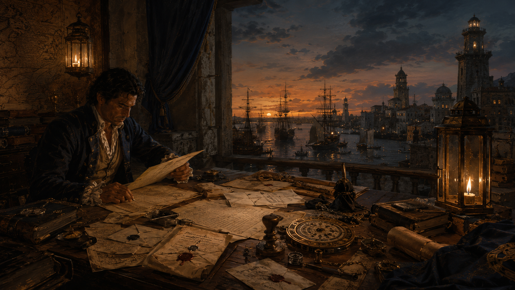 A man at a lantern-lit desk reading charts, harbor and lighthouse beyond the window at dusk.