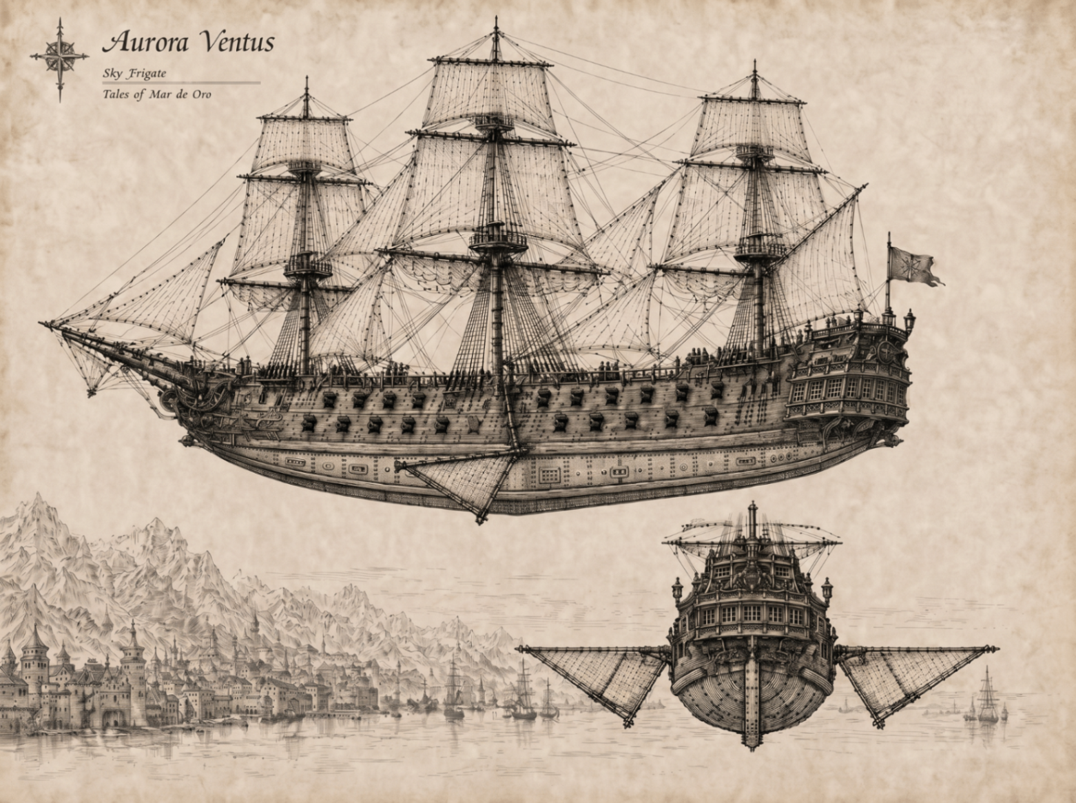 Sepia ink illustration of the Aurora Ventus