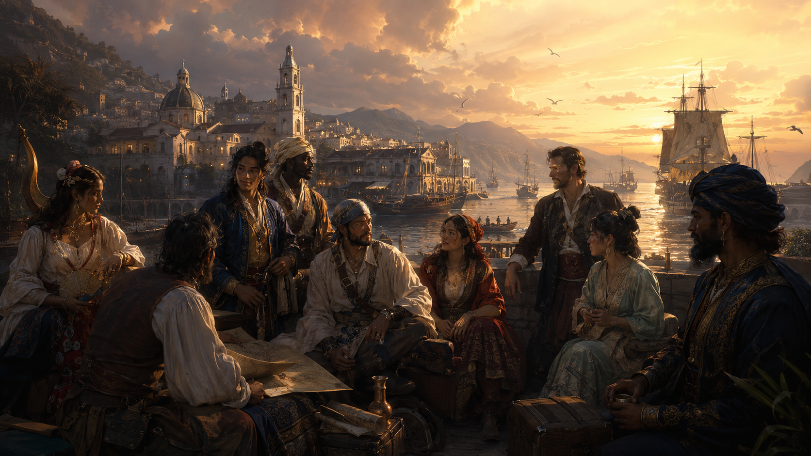A gathering of sailors, merchants, and travellers from many nations meeting on a golden-lit harbor quay at sunset.