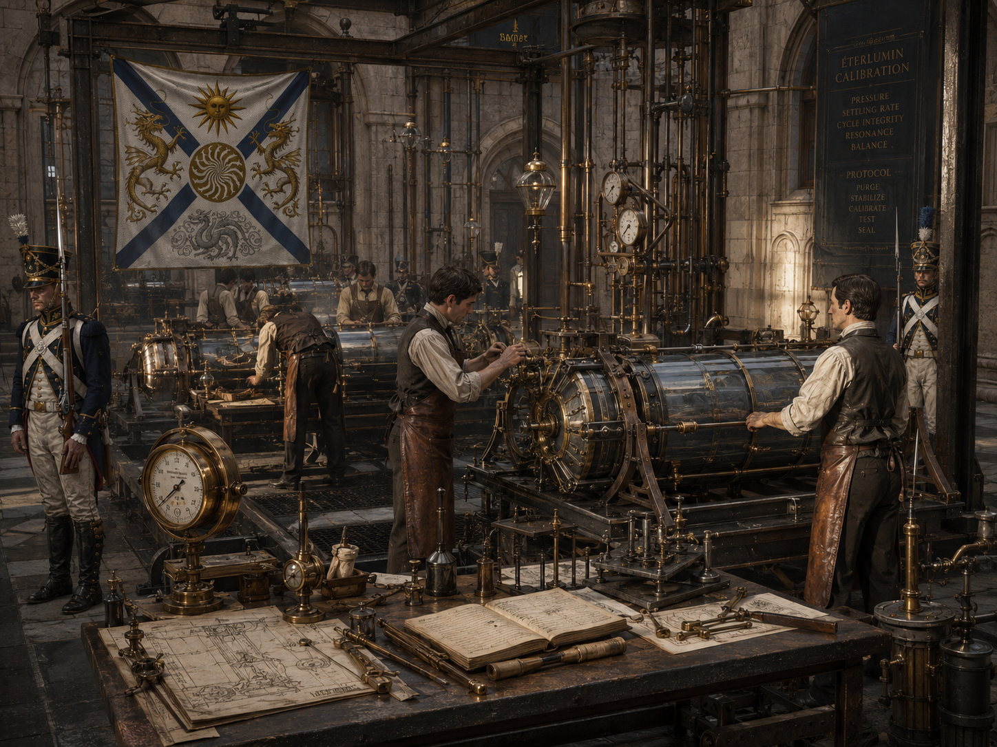 Refinery workers calibrating an Éterlumin cylinder beneath the Hellerite banner.