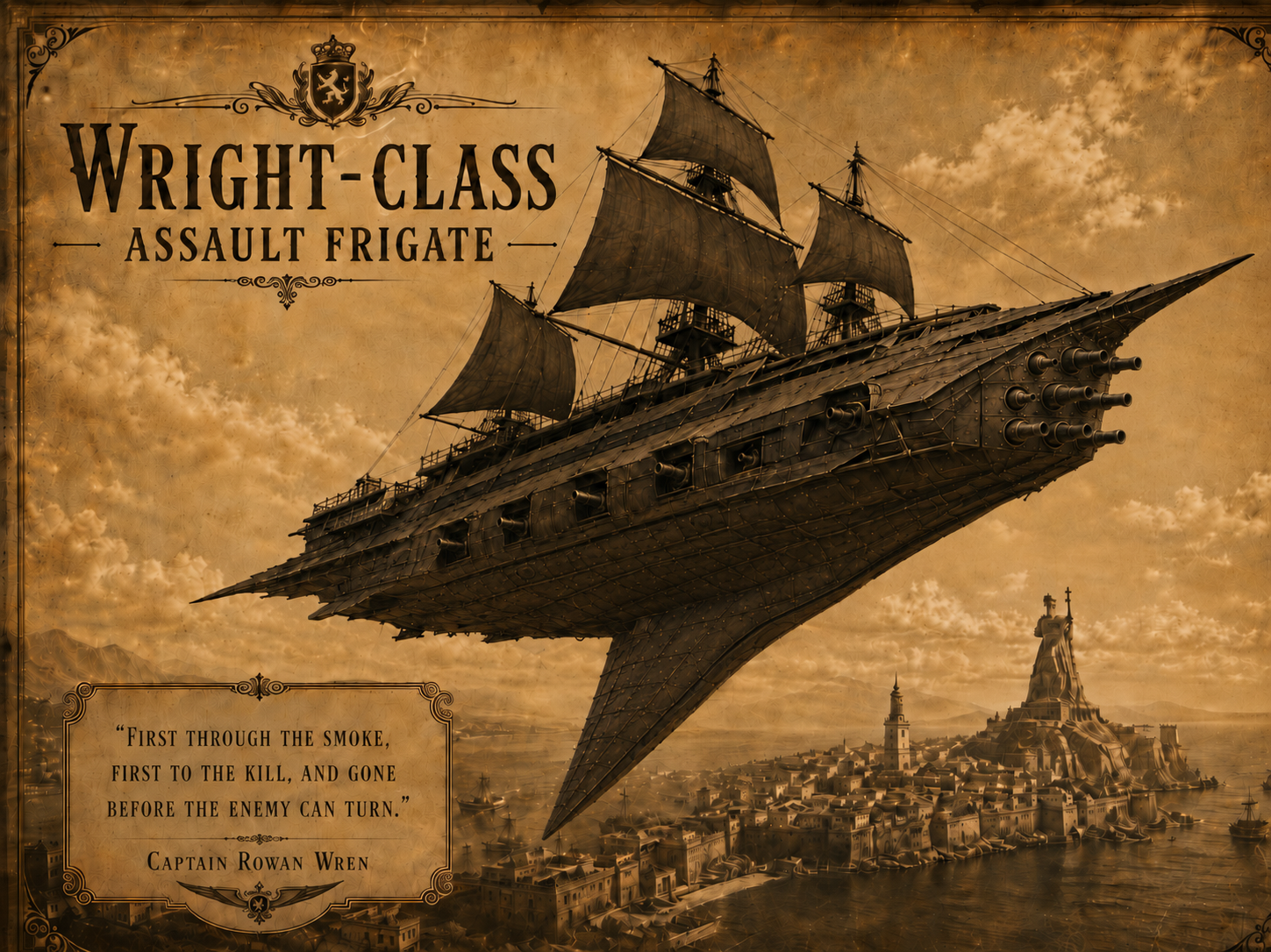 Sepia ink illustration of the Wright-class