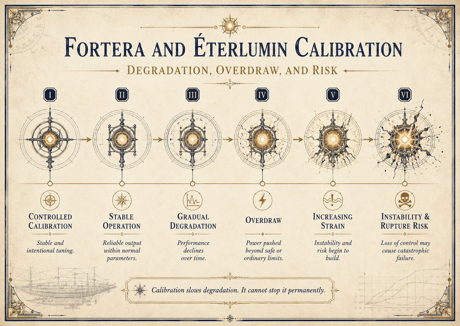 Six-stage diagram of Fortera and Éterlumin calibration progressing from stable operation through overdraw to rupture risk.