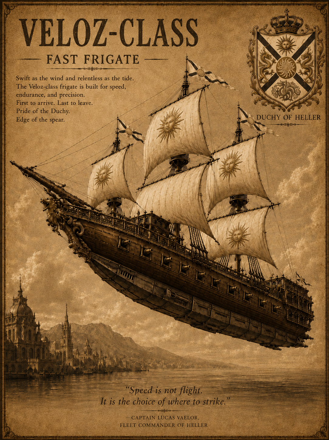 Sepia ink illustration of the Veloz-class