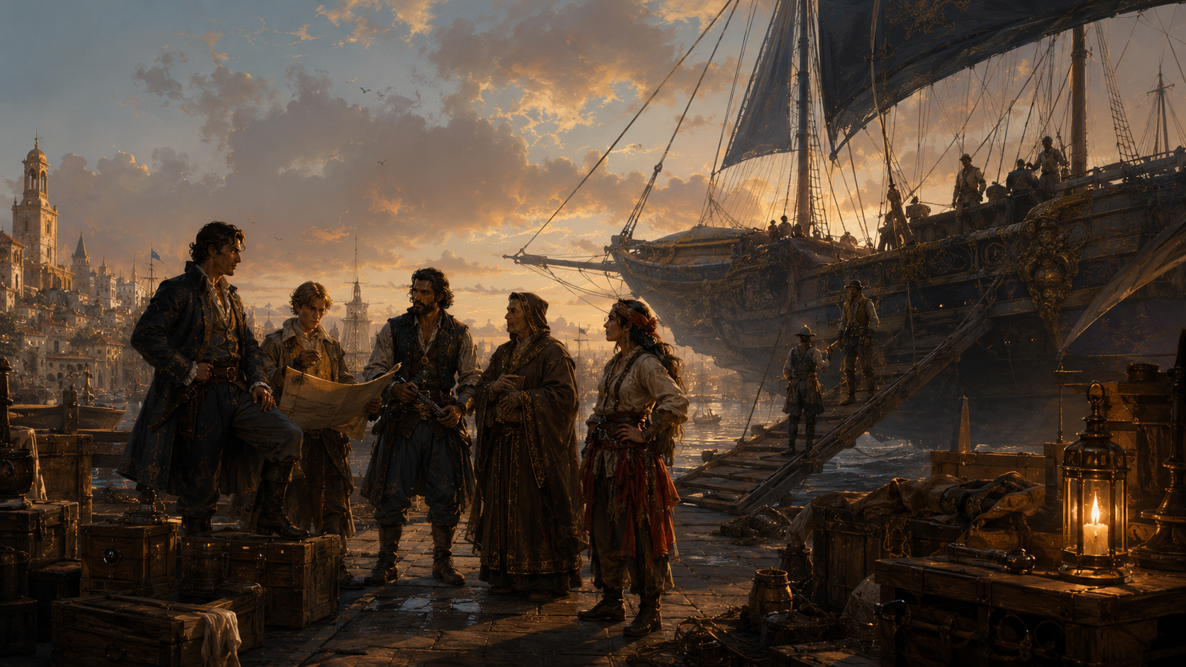 A mixed crew — officer, navigator, robed scholar, and a sabre-belted freelance — meeting on the quay beside their ship at sunset.