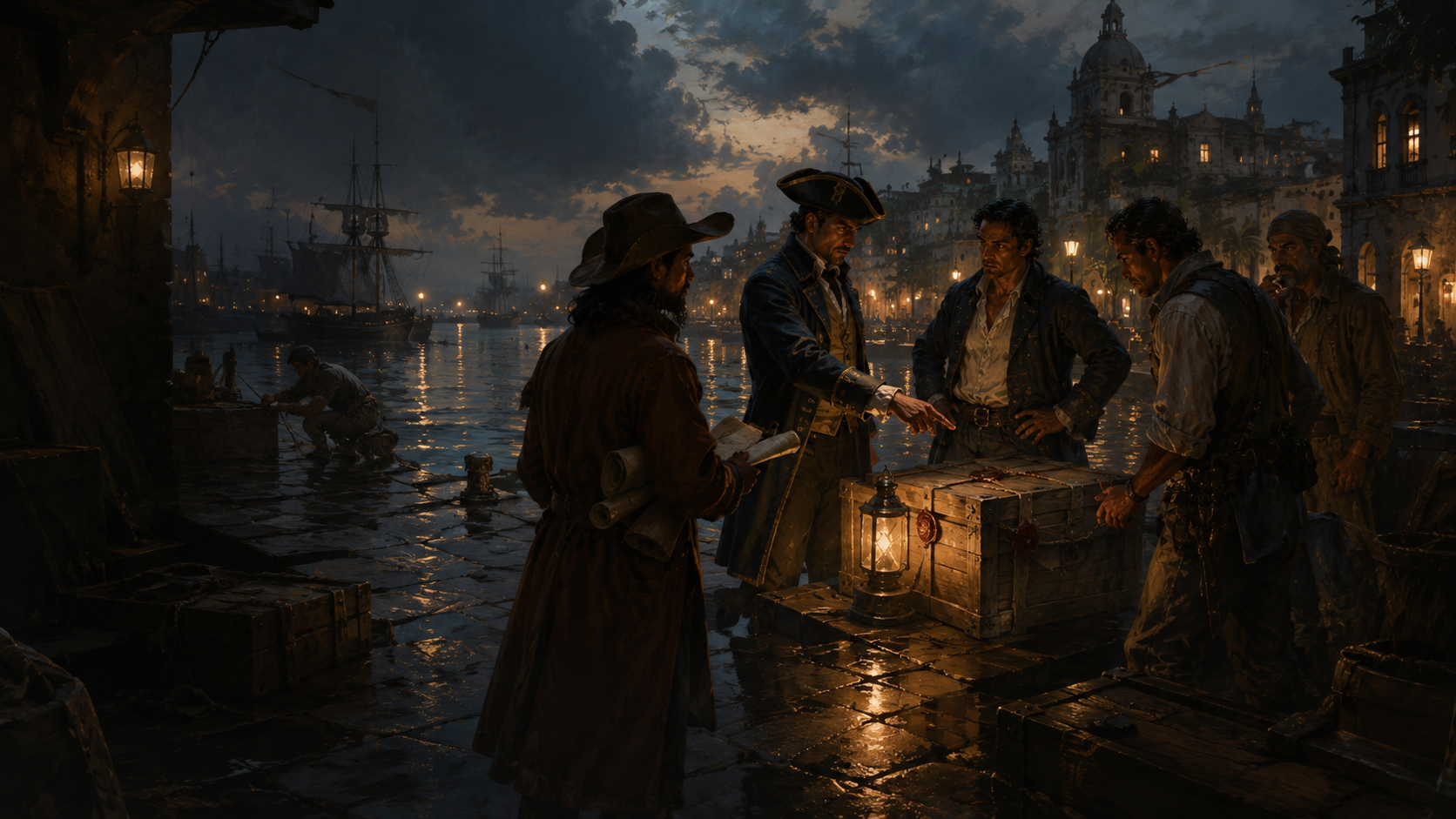 A sealed crate under lantern-light on a wet quay at night, an officer facing a shadowed contact.