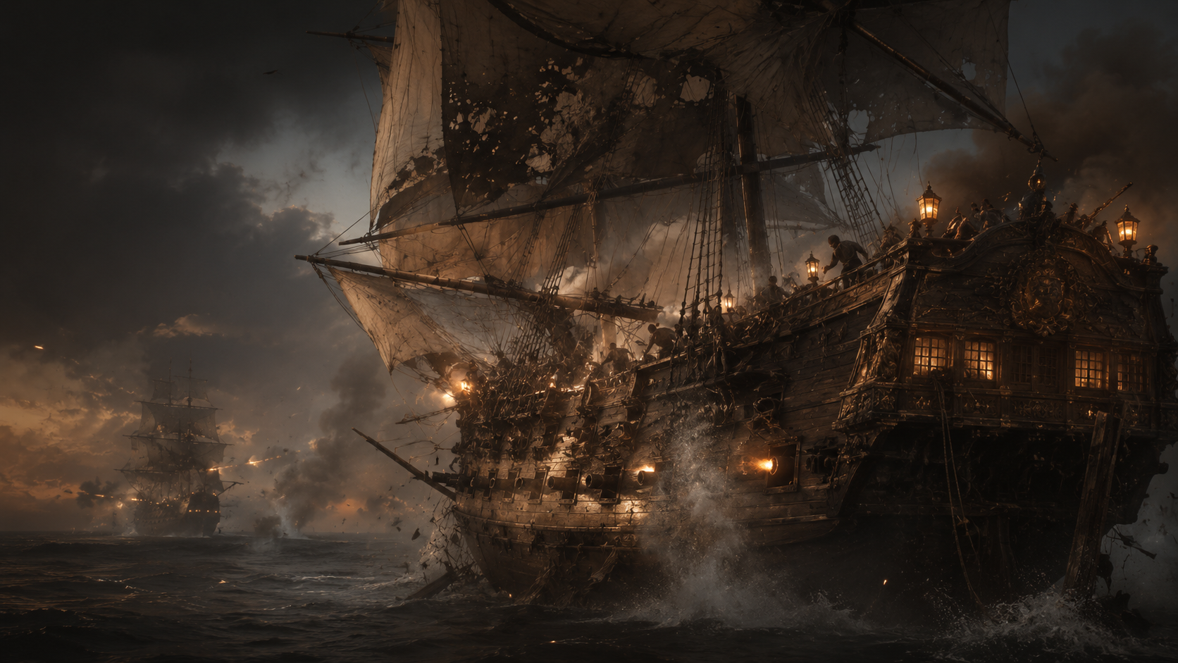 A battered ship of the line under cannon fire, torn sails against a smoke-choked sky.
